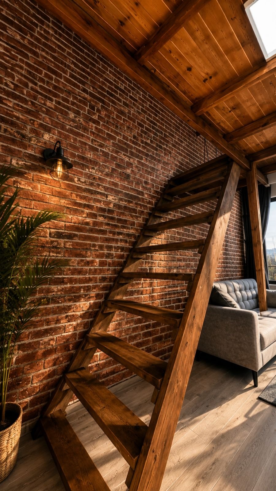 Loft Ahşap Merdiven ve Tuğla Duvar